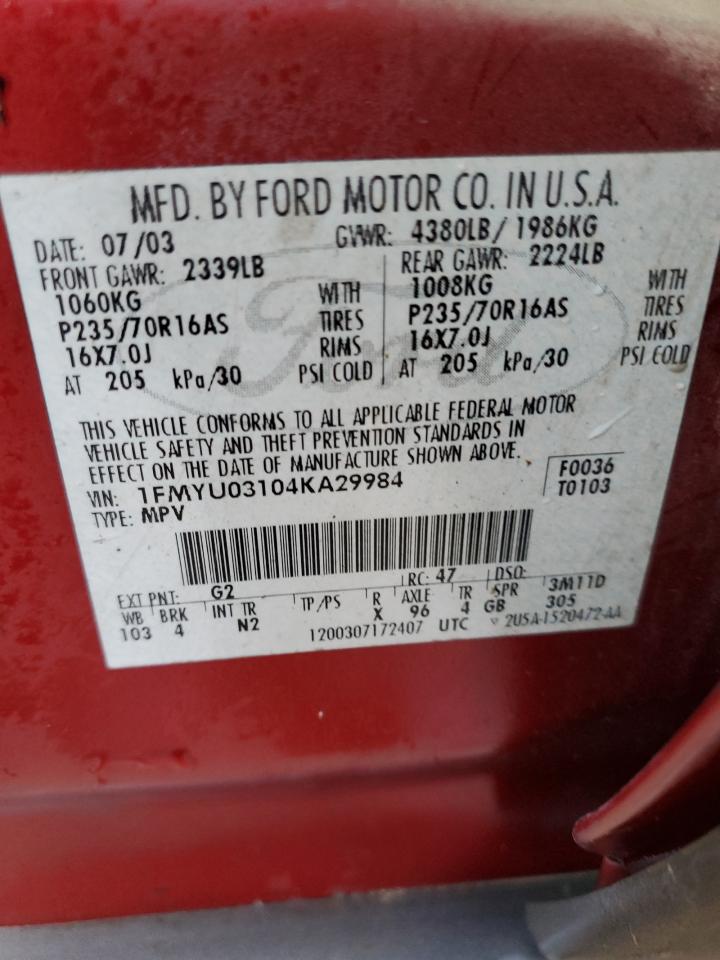 2004 Ford Escape Xlt VIN: 1FMYU03104KA29984 Lot: 90382485