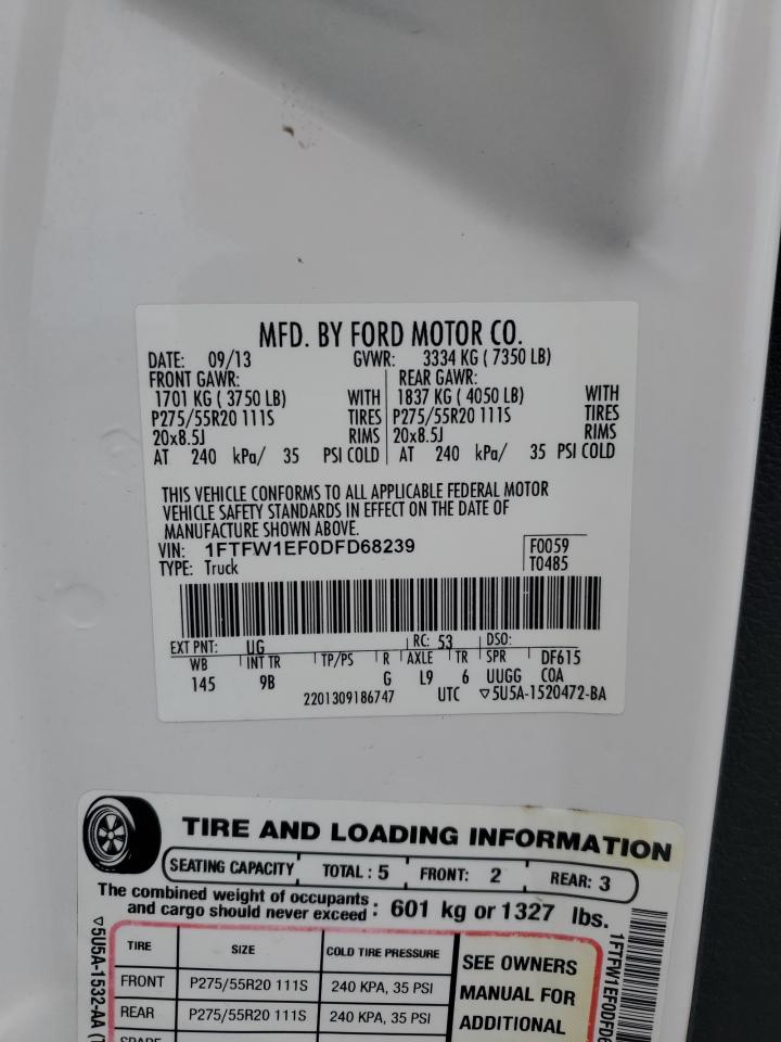 2013 Ford F150 Supercrew VIN: 1FTFW1EF0DFD68239 Lot: 85150125