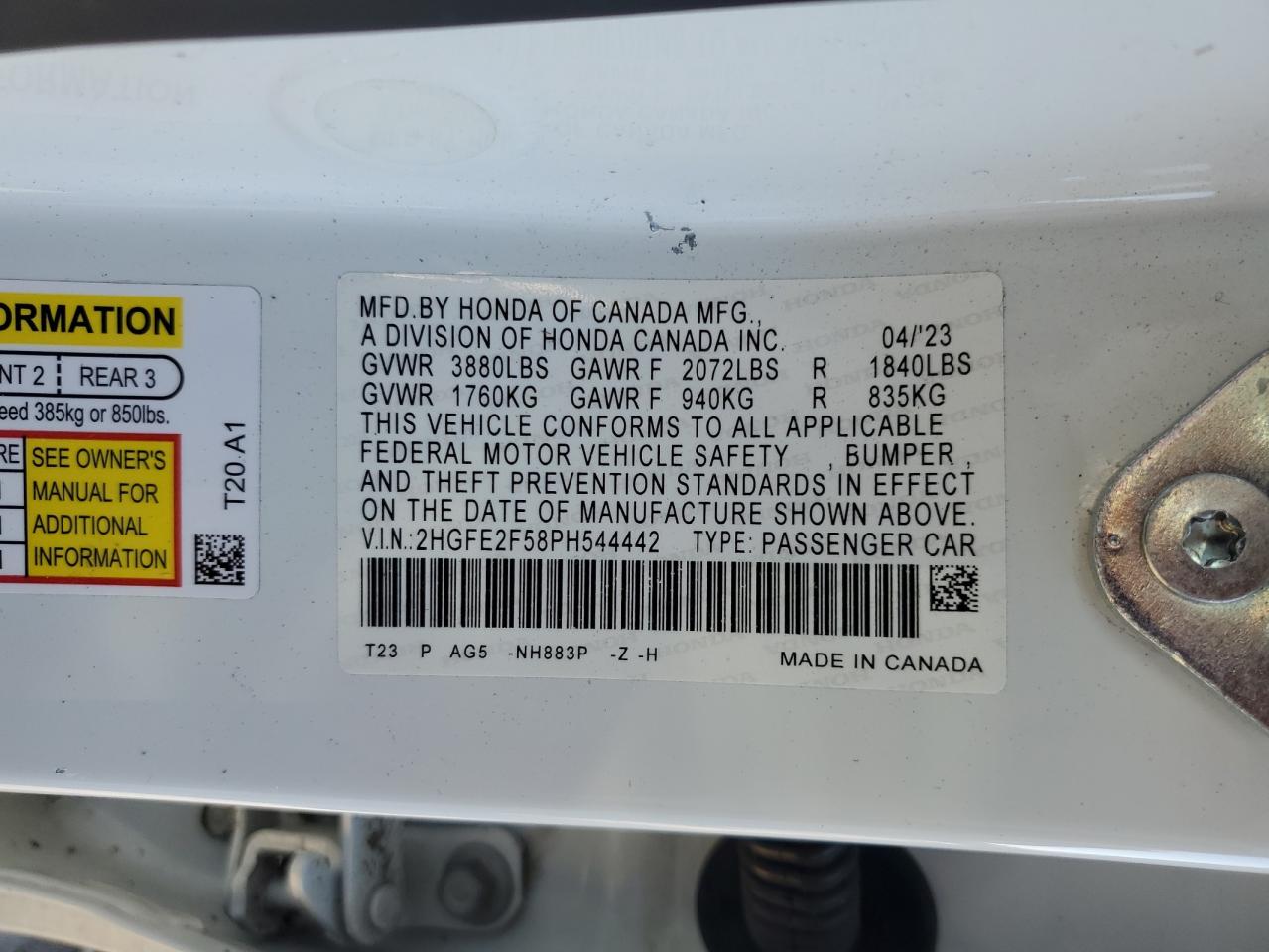 2023 Honda Civic Sport VIN: 2HGFE2F58PH544442 Lot: 85762085