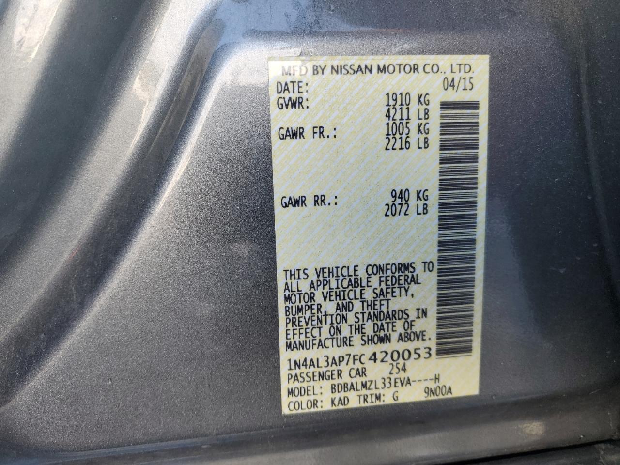 2015 Nissan Altima 2.5 VIN: 1N4AL3AP7FC420053 Lot: 86280645