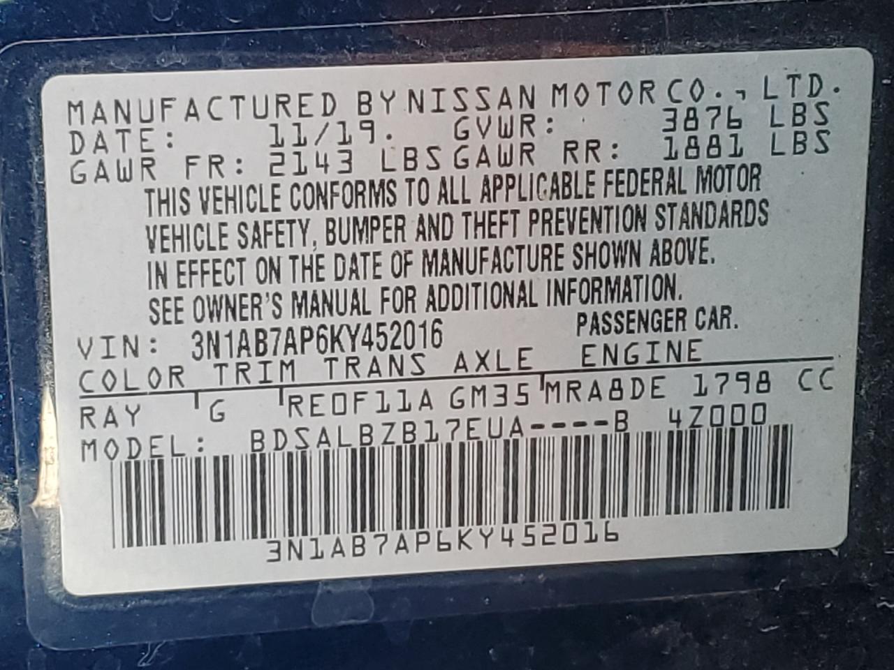 2019 Nissan Sentra S VIN: 3N1AB7AP6KY452016 Lot: 84934415