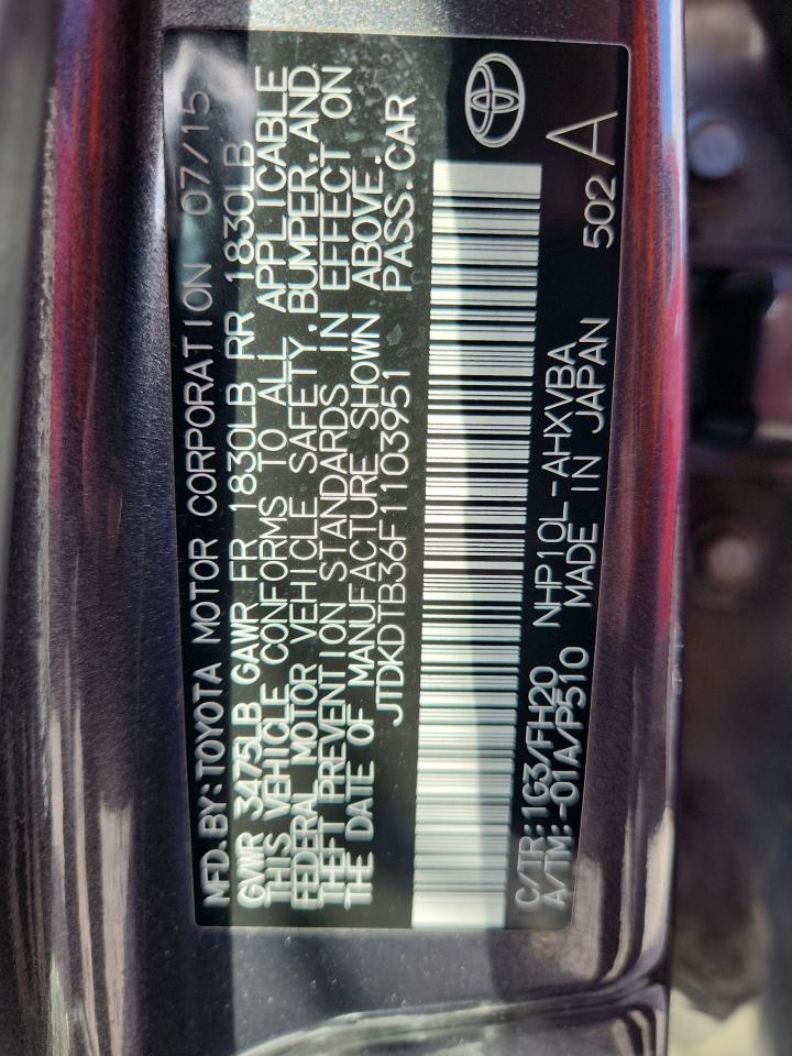 2015 Toyota Prius C VIN: JTDKDTB36F1103951 Lot: 85397445