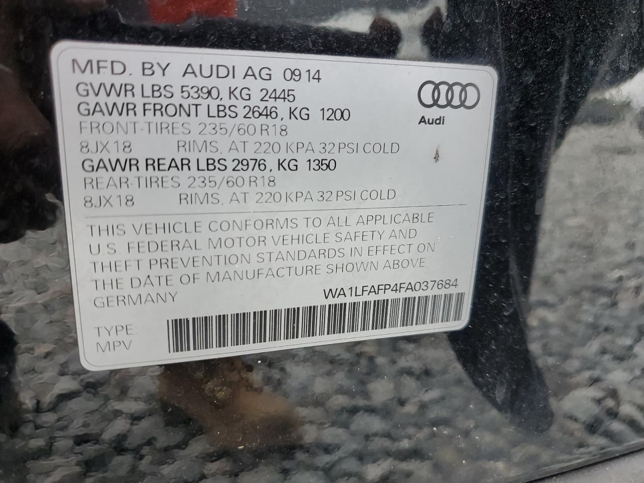 2015 Audi Q5 Premium Plus VIN: WA1LFAFP4FA037684 Lot: 85327875