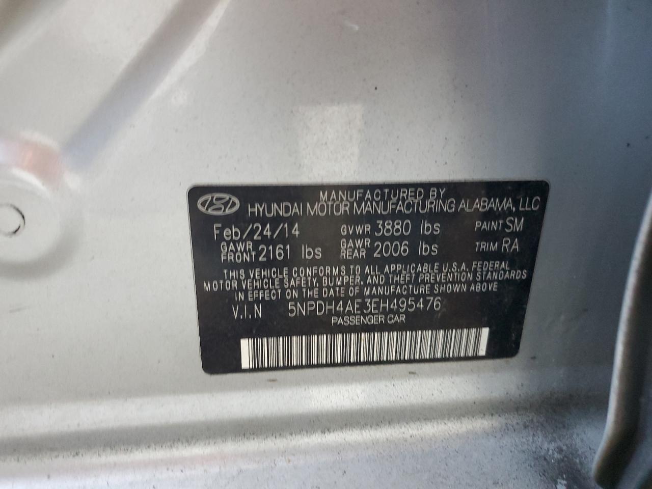 2014 Hyundai Elantra Se VIN: 5NPDH4AE3EH495476 Lot: 85900875