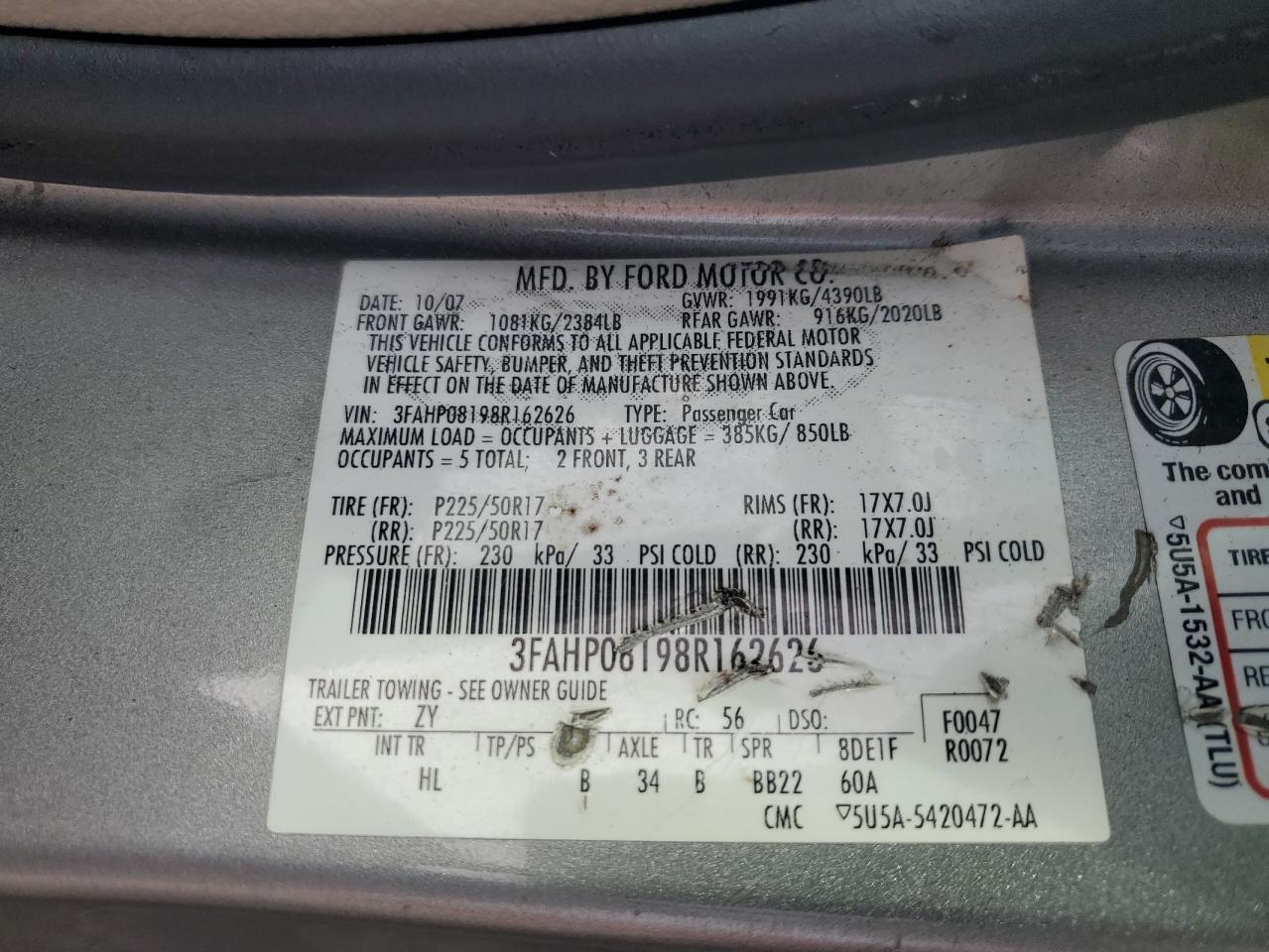 2008 Ford Fusion Sel VIN: 3FAHP08198R162626 Lot: 80518415