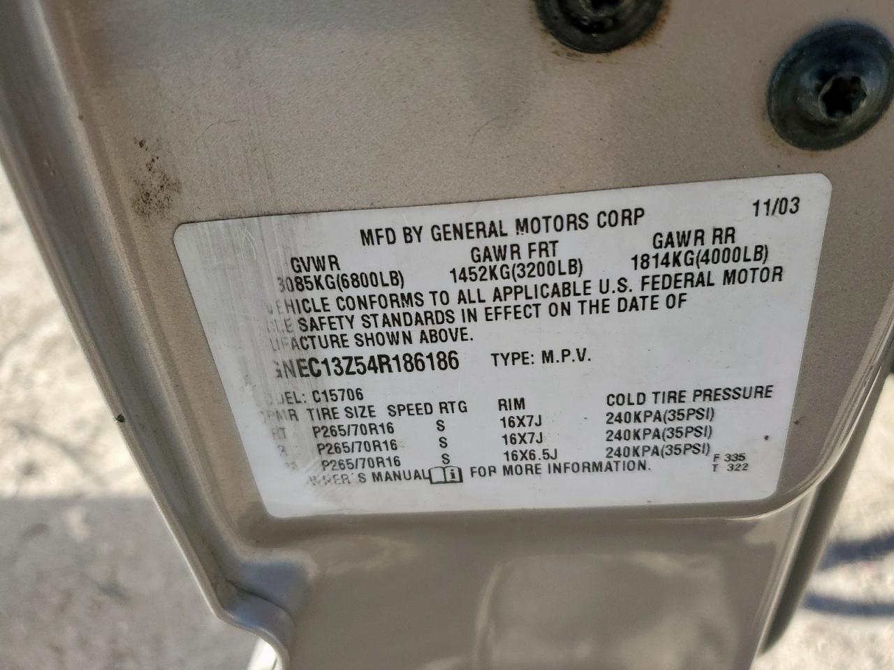 2004 Chevrolet Tahoe C1500 VIN: 1GNEC13Z54R186186 Lot: 90493155