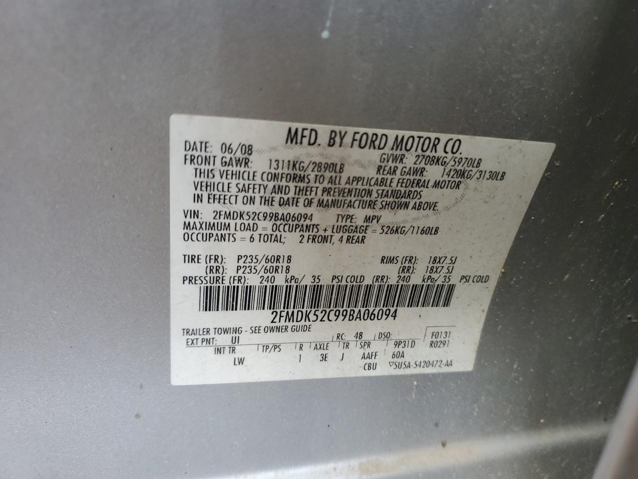 2009 Ford Flex Sel VIN: 2FMDK52C99BA06094 Lot: 87090915