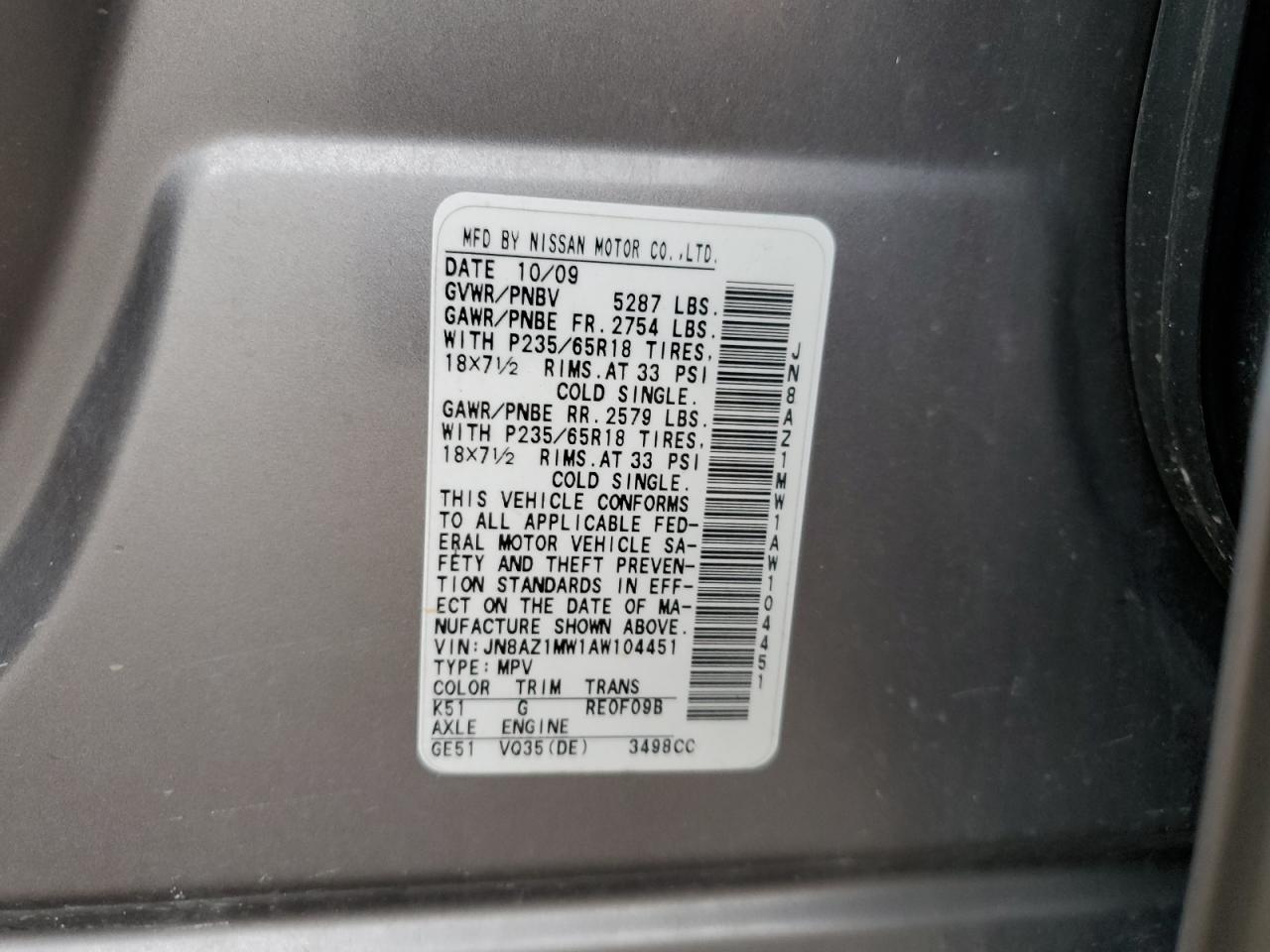 2010 Nissan Murano S VIN: JN8AZ1MW1AW104451 Lot: 82219485