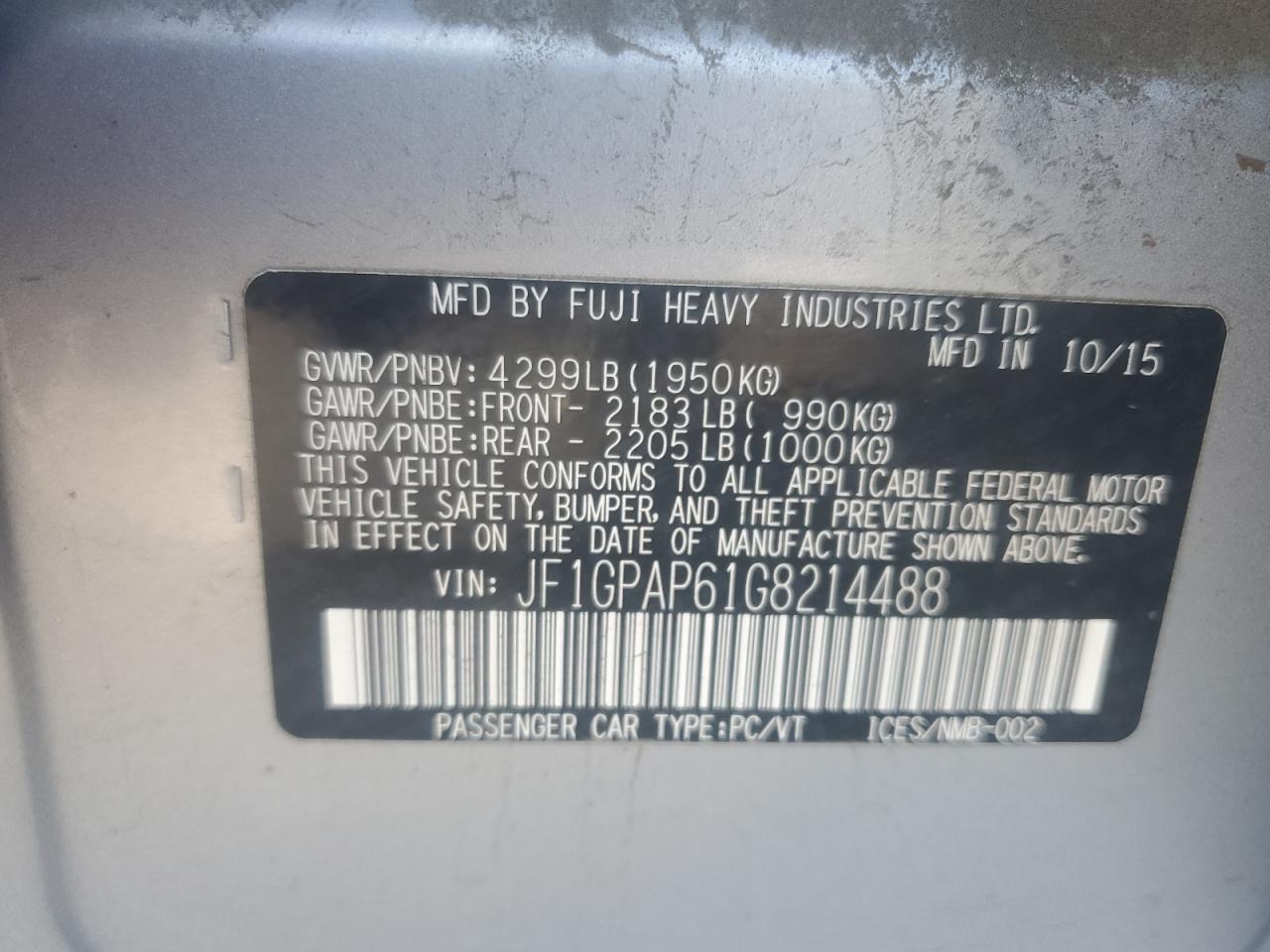 2016 Subaru Impreza Sport Premium VIN: JF1GPAP61G8214488 Lot: 84655435