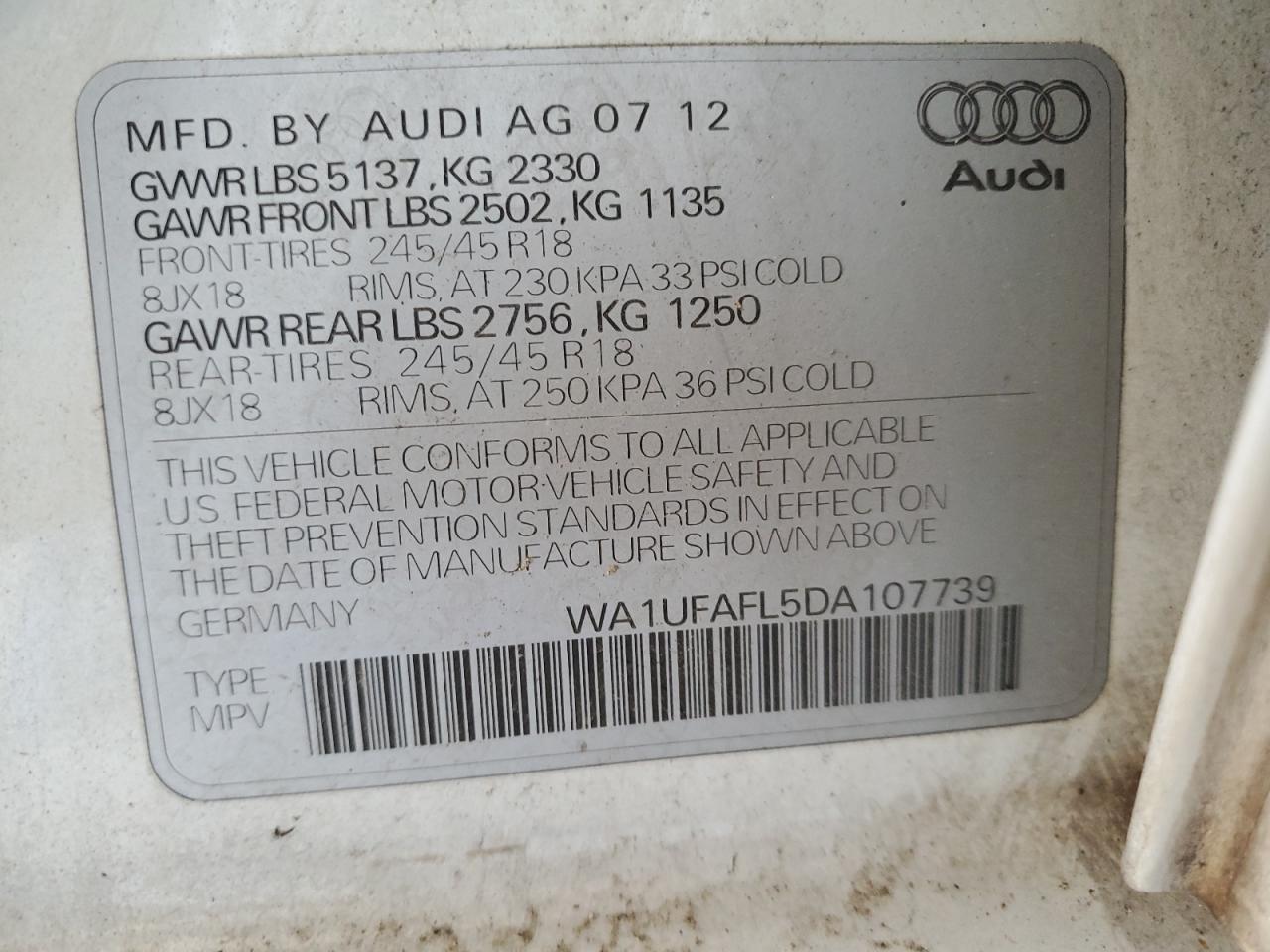 2013 Audi A4 Allroad Premium Plus VIN: WA1UFAFL5DA107739 Lot: 87014035