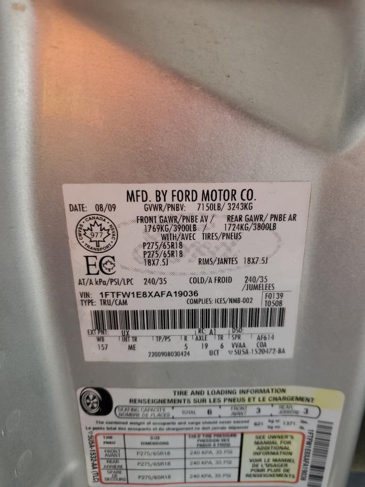 2010 Ford F150 Supercrew VIN: 1FTFW1E8XAFA19036 Lot: 86278985