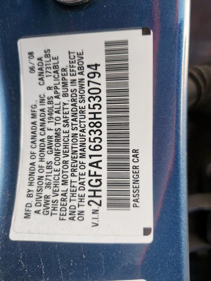 2008 Honda Civic Lx VIN: 2HGFA16538H530794 Lot: 81987545