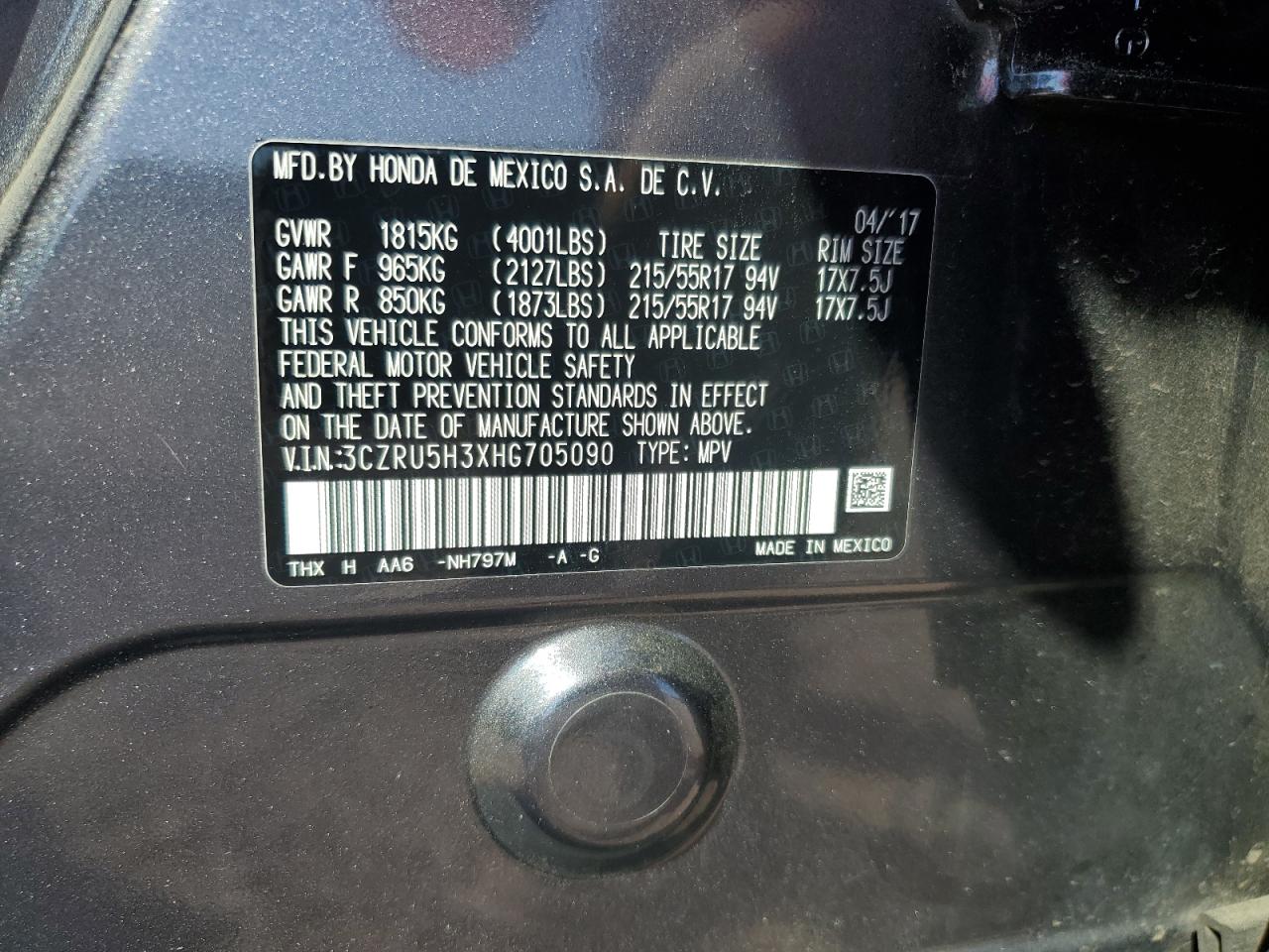 2017 Honda Hr-V Lx VIN: 3CZRU5H3XHG705090 Lot: 85137495