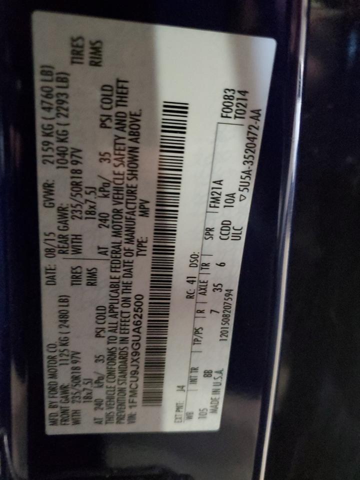 2016 Ford Escape Titanium VIN: 1FMCU9JX9GUA62500 Lot: 82316935