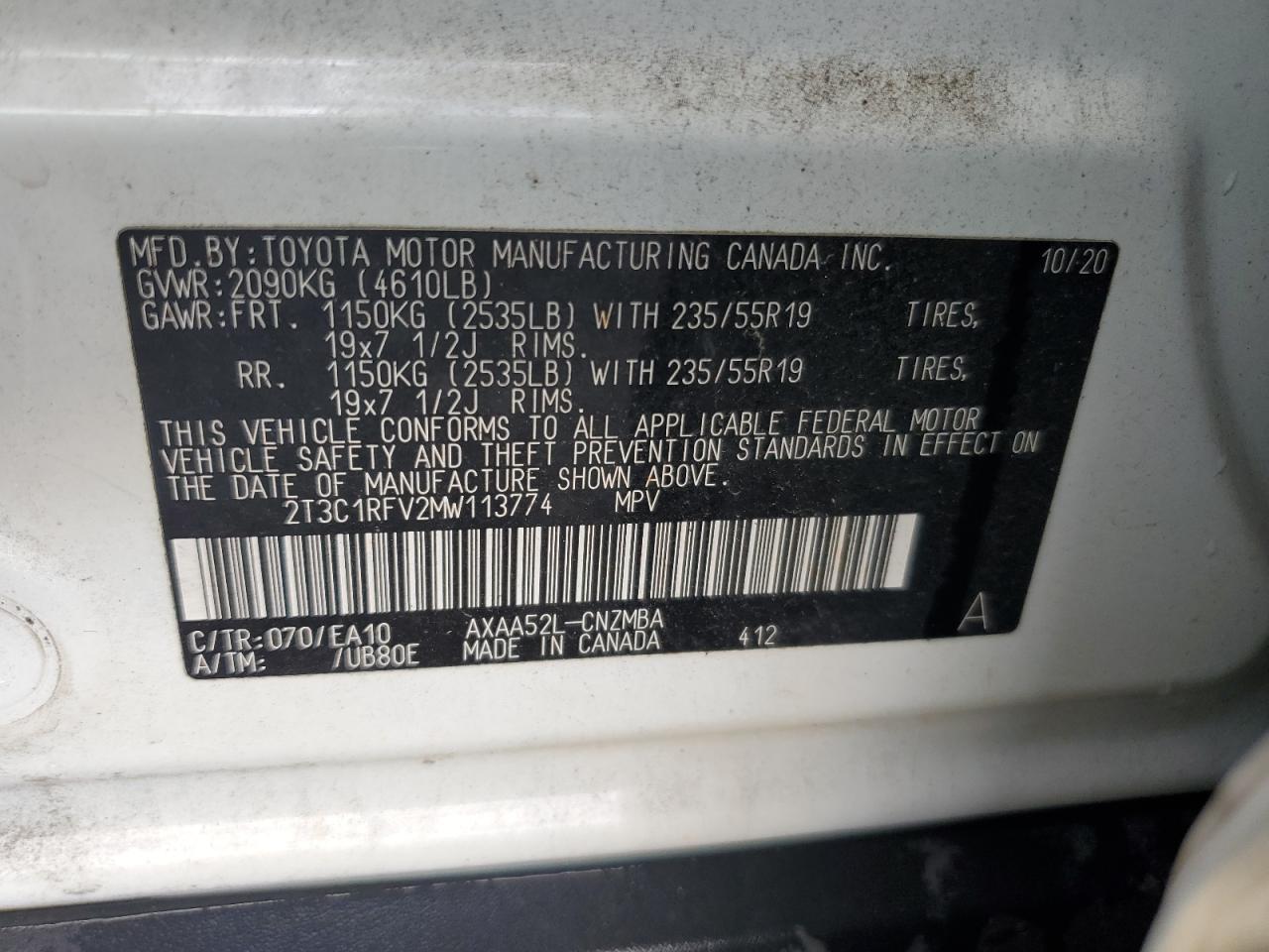 2021 Toyota Rav4 Xle Premium VIN: 2T3C1RFV2MW113774 Lot: 85669505