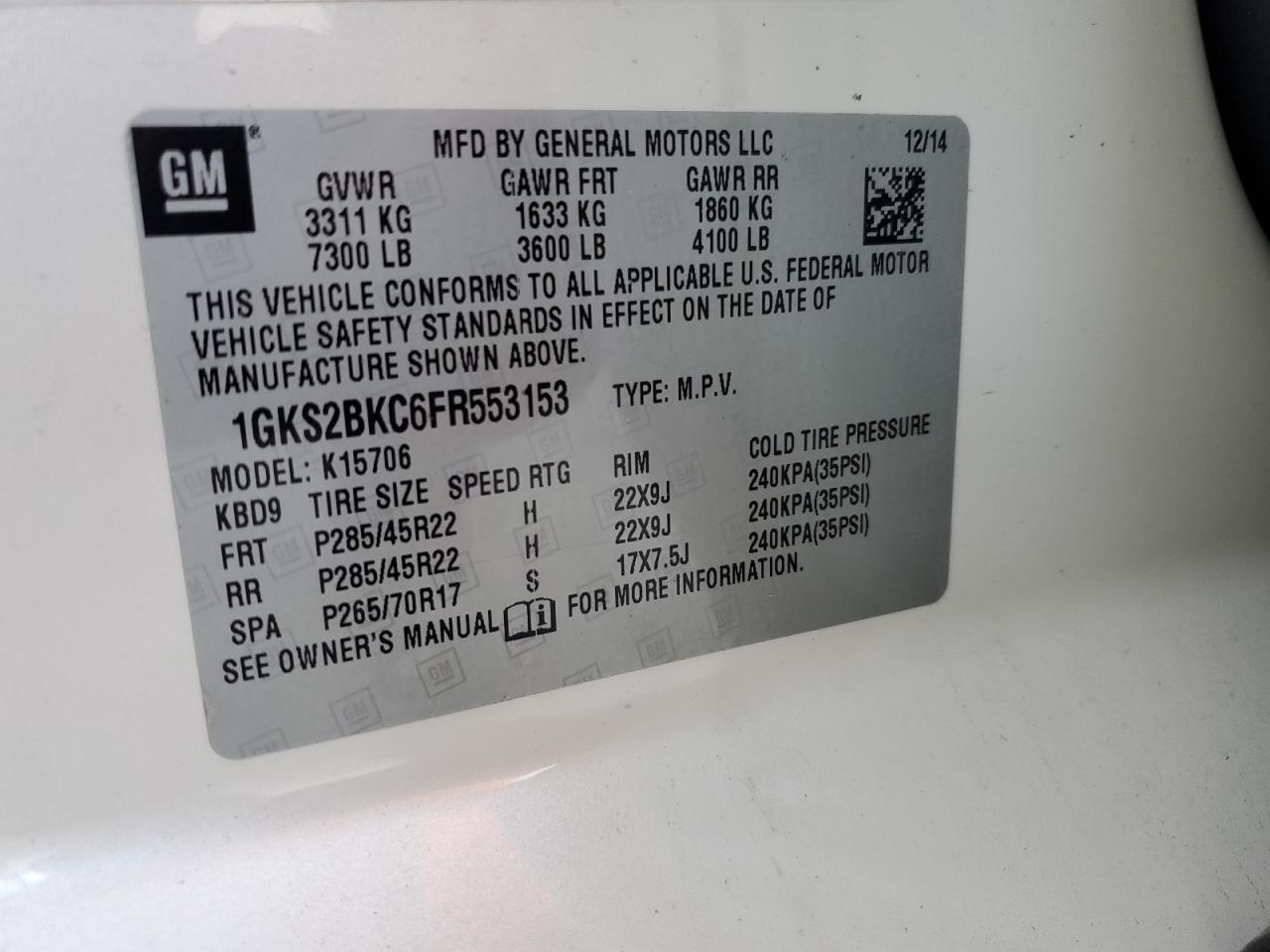 2015 GMC Yukon Slt VIN: 1GKS2BKC6FR553153 Lot: 82420035