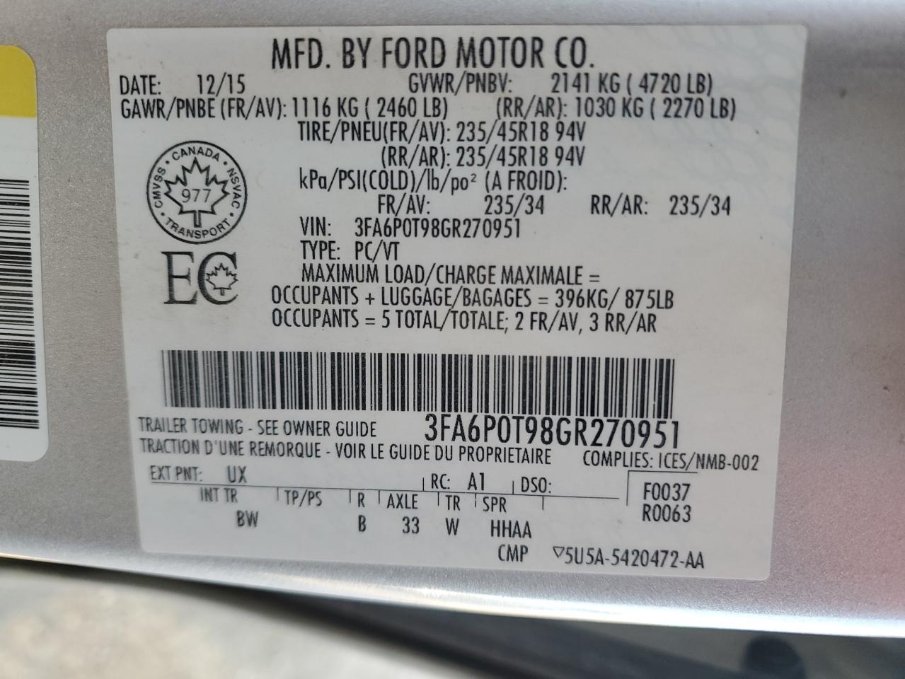 2016 Ford Fusion Se VIN: 3FA6P0T98GR270951 Lot: 89841095