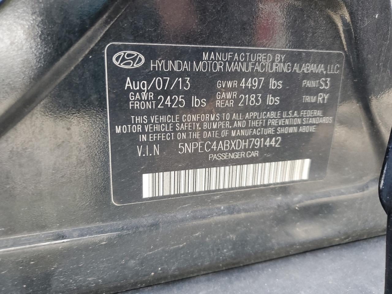 2013 Hyundai Sonata Se VIN: 5NPEC4ABXDH791442 Lot: 85385695