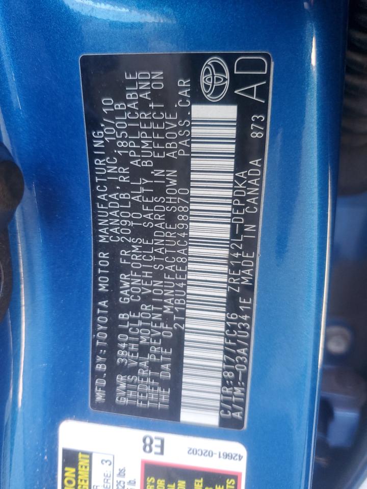 2010 Toyota Corolla Base VIN: 2T1BU4EE8AC498870 Lot: 89860065