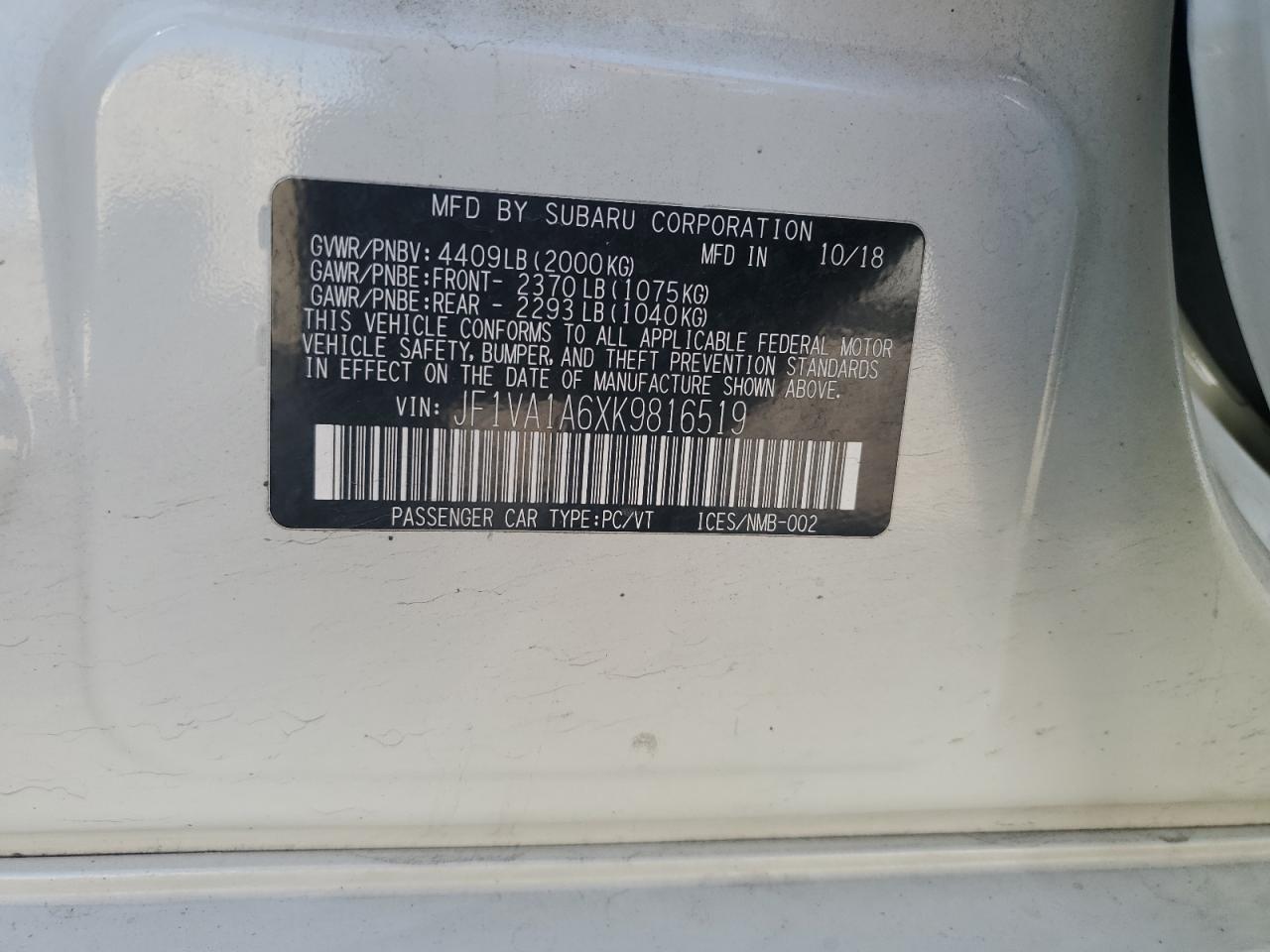 2019 Subaru Wrx VIN: JF1VA1A6XK9816519 Lot: 82584475