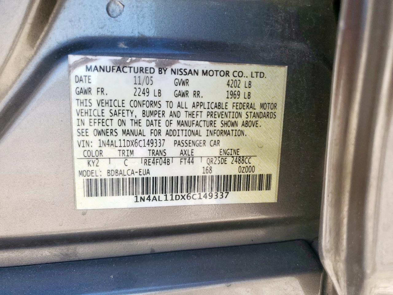 2006 Nissan Altima S VIN: 1N4AL11DX6C149337 Lot: 82068375