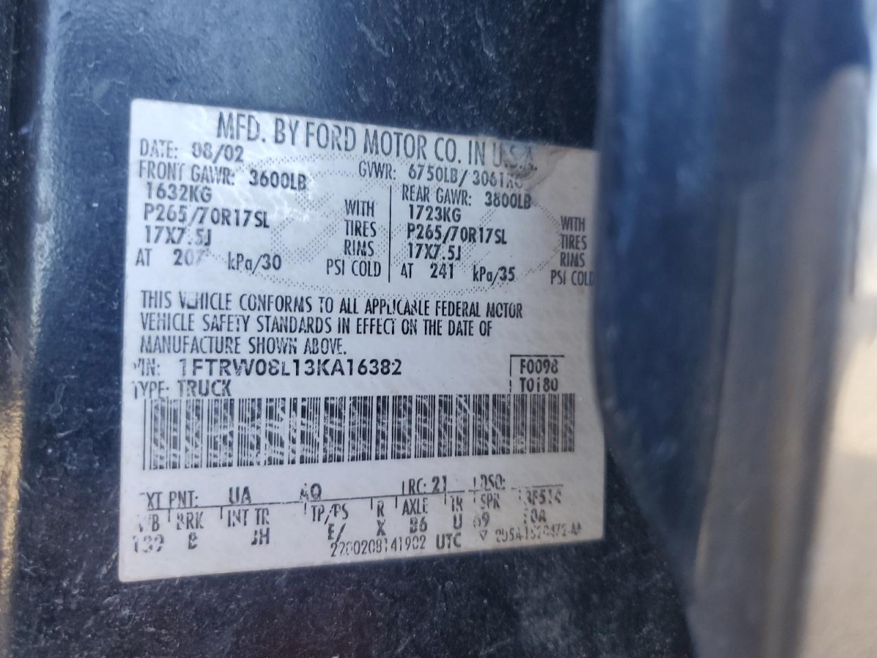 2003 Ford F150 Supercrew VIN: 1FTRW08L13KA16382 Lot: 90697455