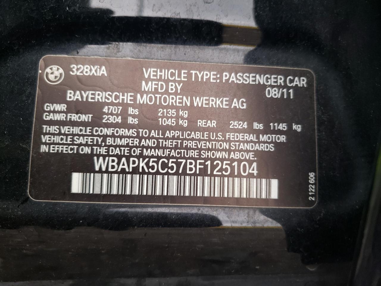 2011 BMW 328 Xi Sulev VIN: WBAPK5C57BF125104 Lot: 85731345