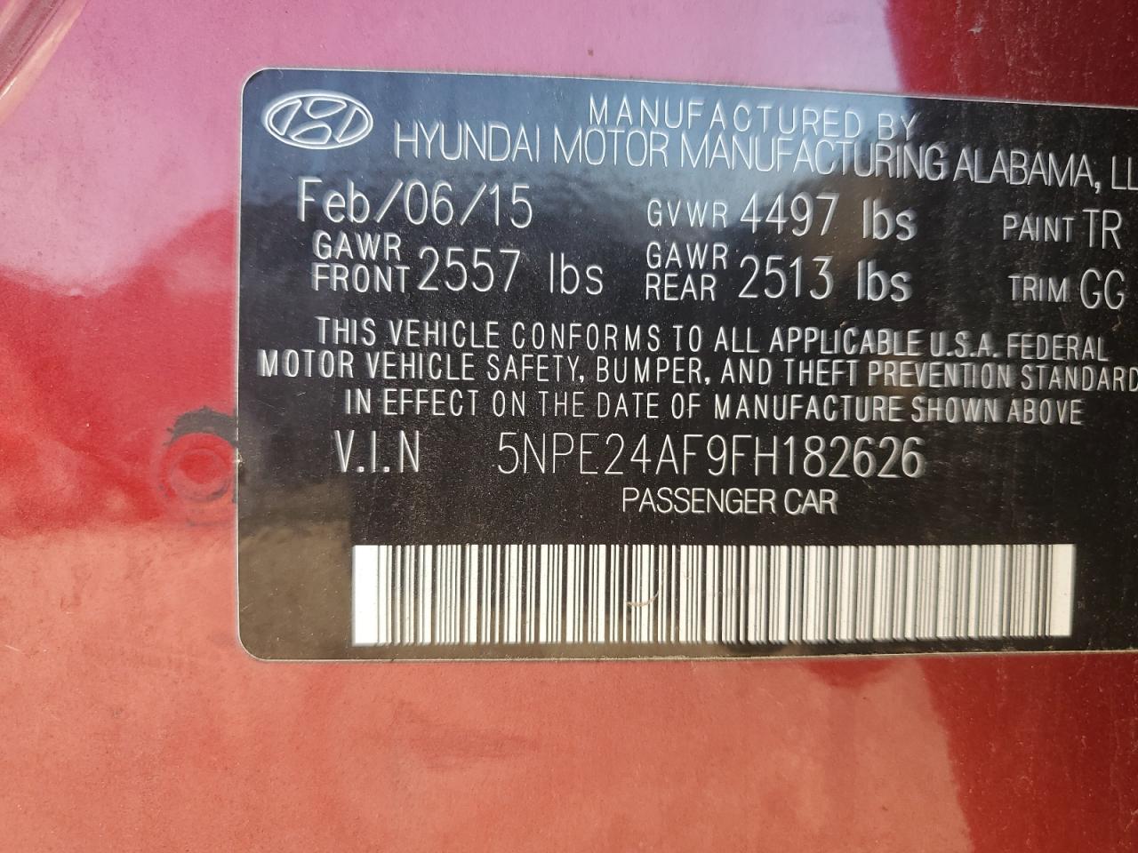2015 Hyundai Sonata Se VIN: 5NPE24AF9FH182626 Lot: 84282245