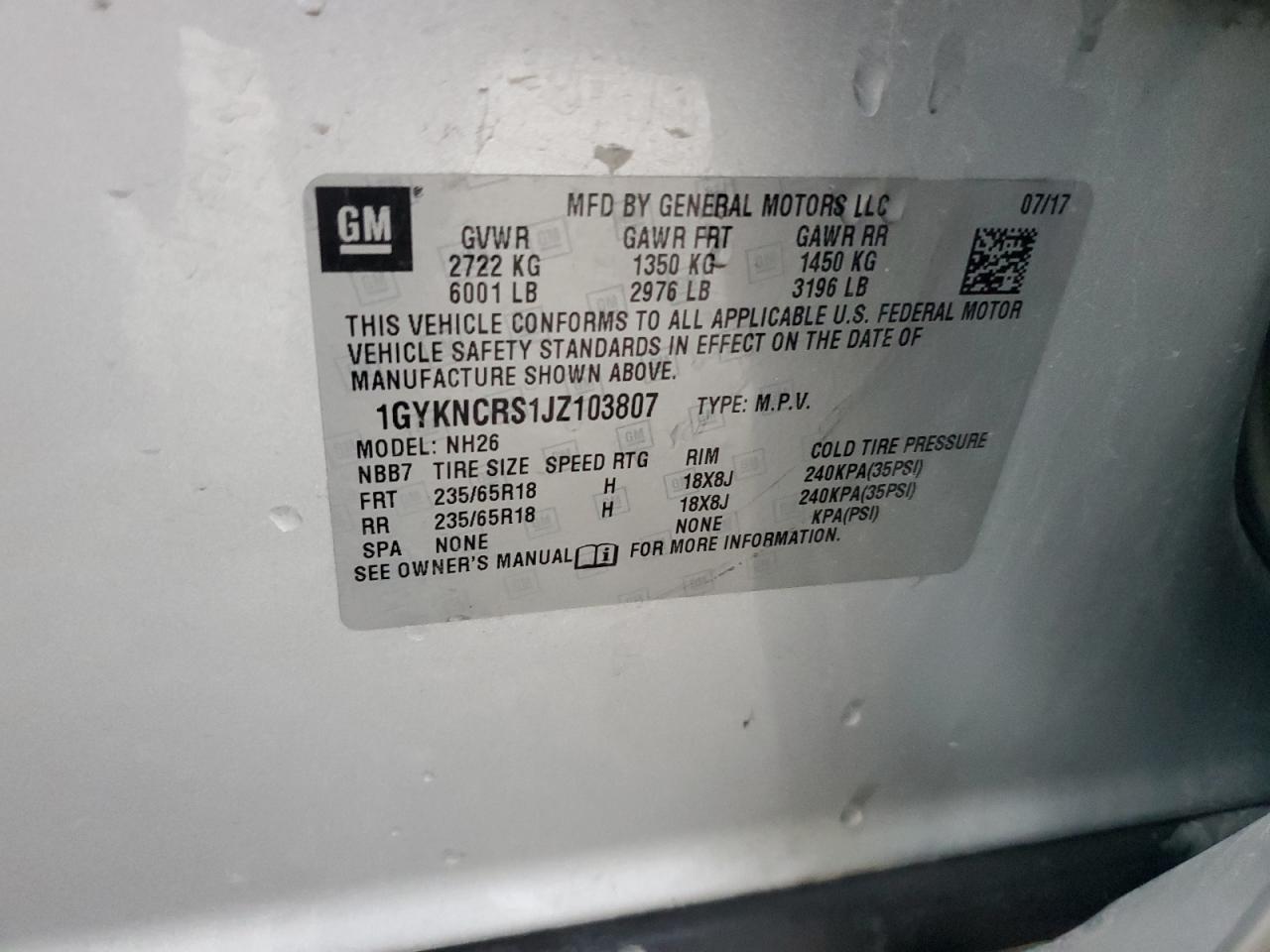 2018 Cadillac Xt5 Luxury VIN: 1GYKNCRS1JZ103807 Lot: 90119125