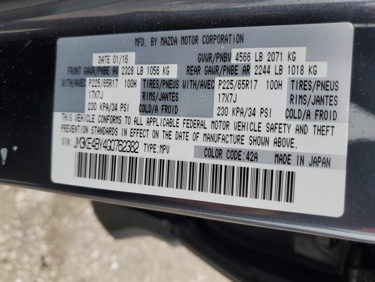 2016 Mazda Cx-5 Sport VIN: JM3KE4BY4G0762382 Lot: 90085025