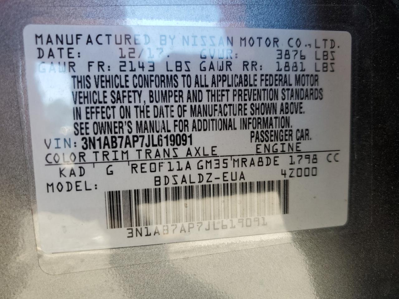 2018 Nissan Sentra S VIN: 3N1AB7AP7JL619091 Lot: 85686625