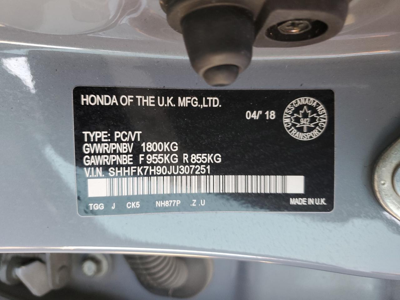 2018 Honda Civic Sport Touring VIN: SHHFK7H90JU307251 Lot: 84174985