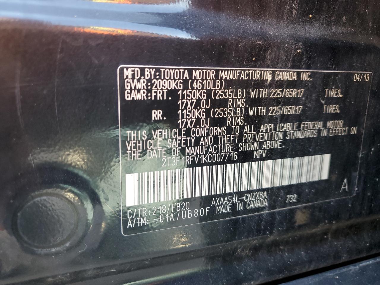 2019 Toyota Rav4 Le VIN: 2T3F1RFV1KC007716 Lot: 86836305