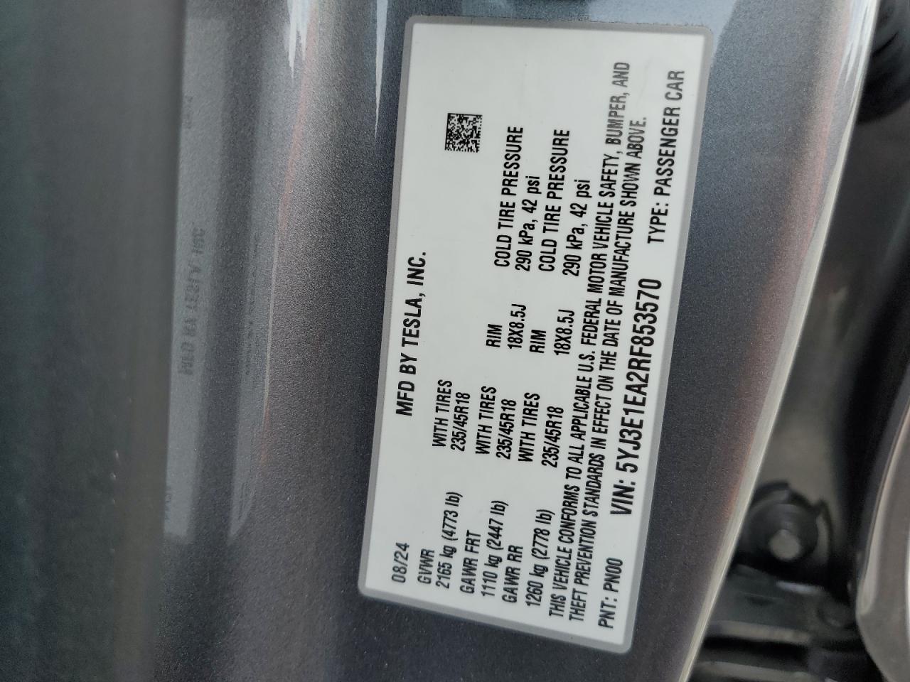 2024 Tesla Model 3 VIN: 5YJ3E1EA2RF853570 Lot: 82768695