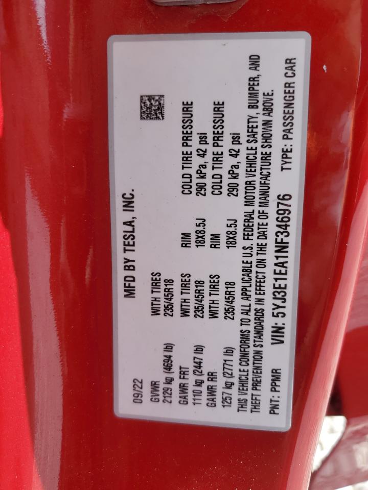 2022 Tesla Model 3 VIN: 5YJ3E1EA1NF346976 Lot: 82581345
