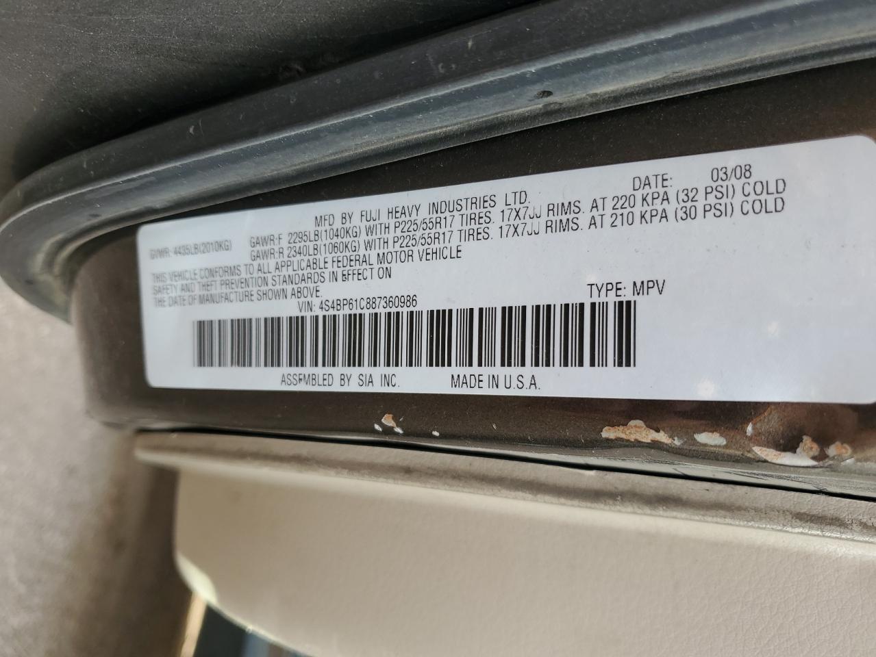 2008 Subaru Outback 2.5I VIN: 4S4BP61C887360986 Lot: 85177545