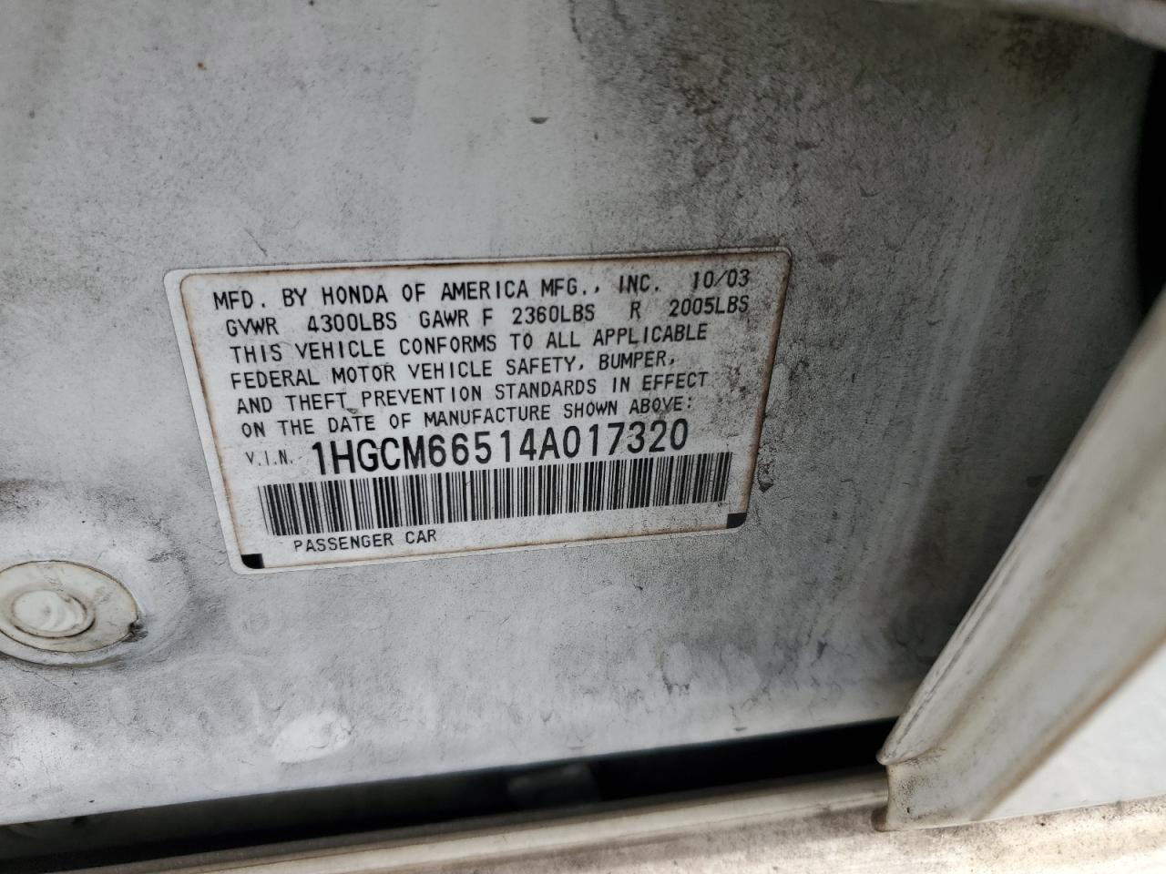 2004 Honda Accord Ex VIN: 1HGCM66514A017320 Lot: 85193165