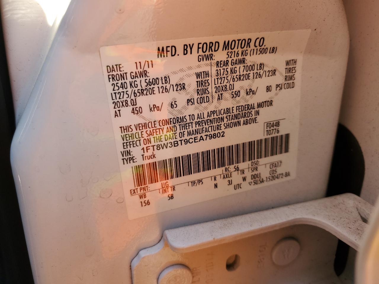 2012 Ford F350 Super Duty VIN: 1FT8W3BT9CEA79802 Lot: 87418825