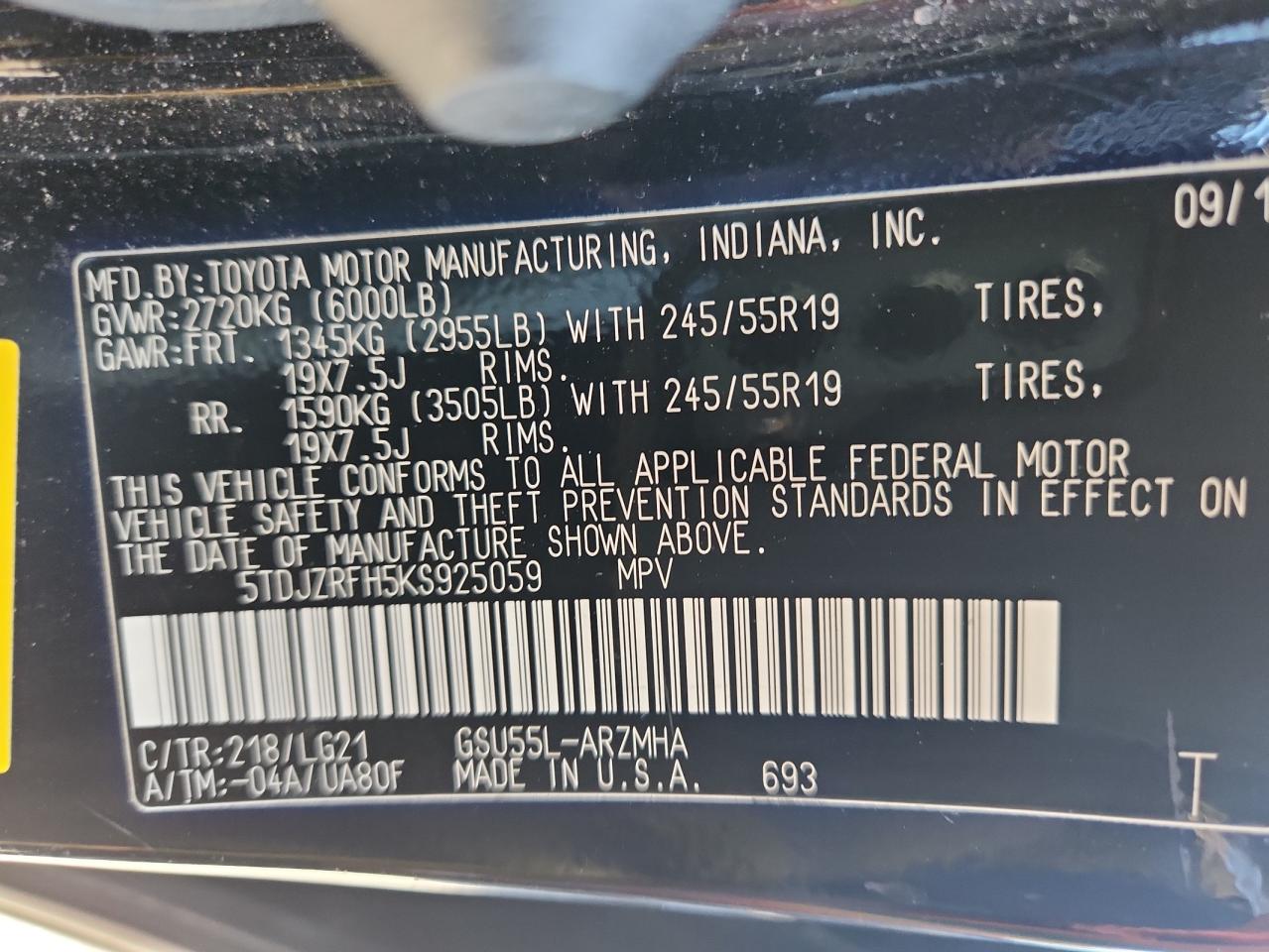 2019 Toyota Highlander Se VIN: 5TDJZRFH5KS925059 Lot: 85744685