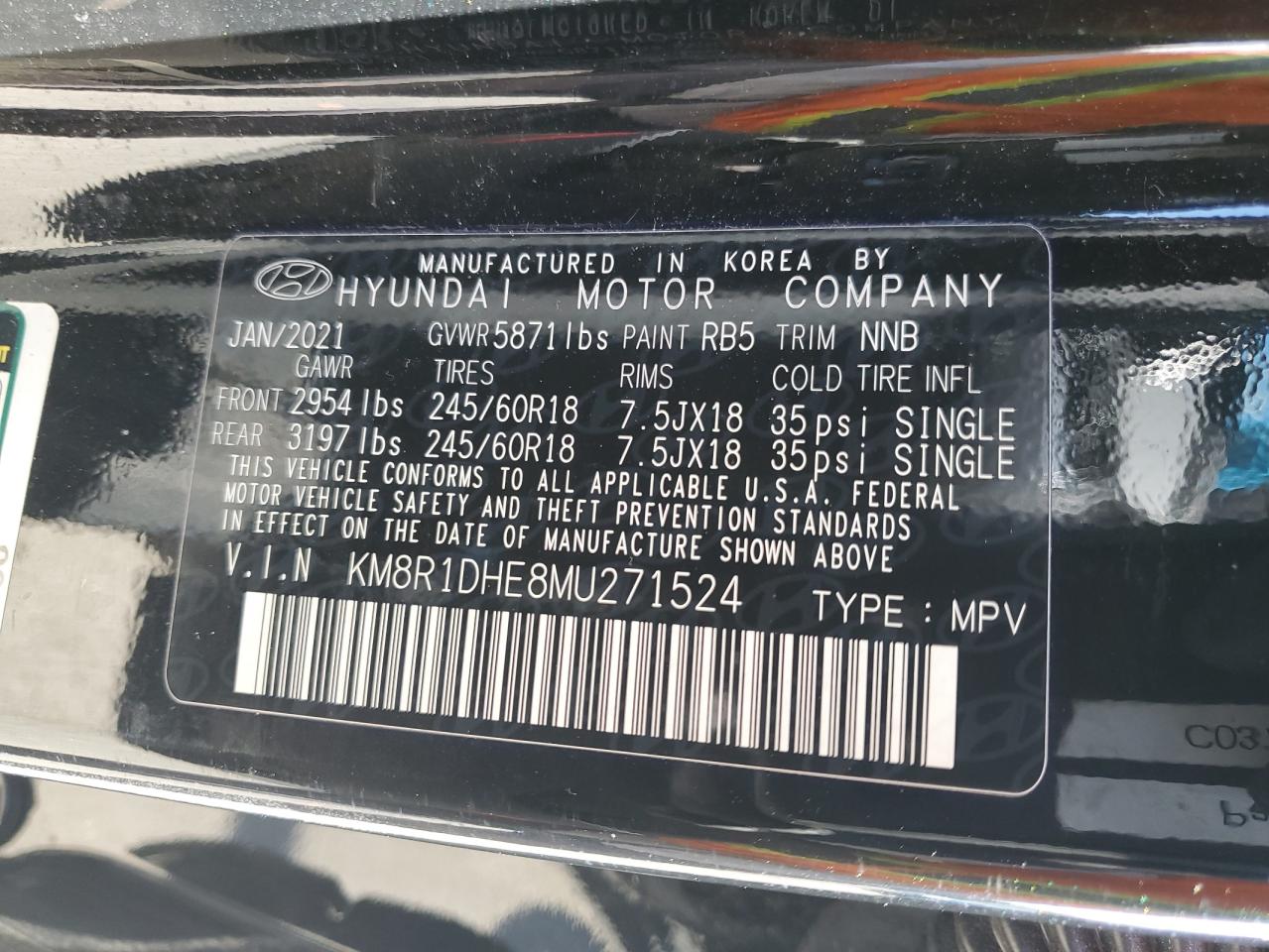 2021 Hyundai Palisade Se VIN: KM8R1DHE8MU271524 Lot: 84637265