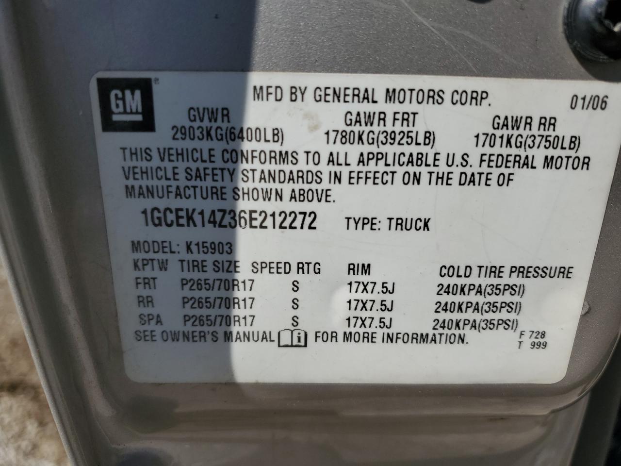 2006 Chevrolet Silverado K1500 VIN: 1GCEK14Z36E212272 Lot: 86676785