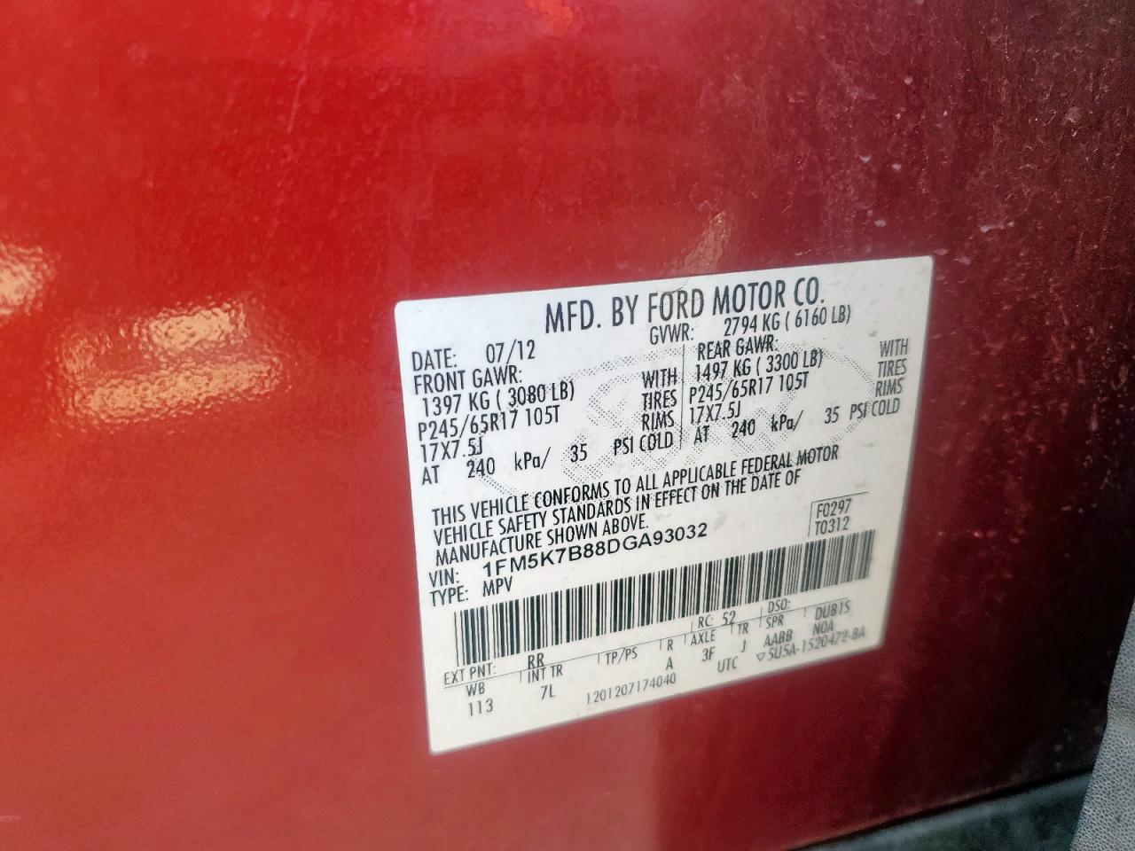 2013 Ford Explorer VIN: 1FM5K7B88DGA93032 Lot: 85648225