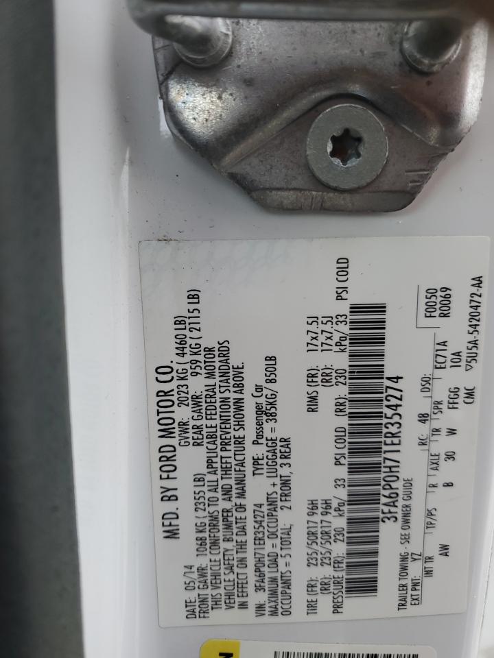 2014 Ford Fusion Se VIN: 3FA6P0H71ER354274 Lot: 81865545