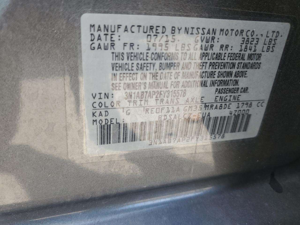 2015 Nissan Sentra S VIN: 3N1AB7AP2FY315578 Lot: 86706375