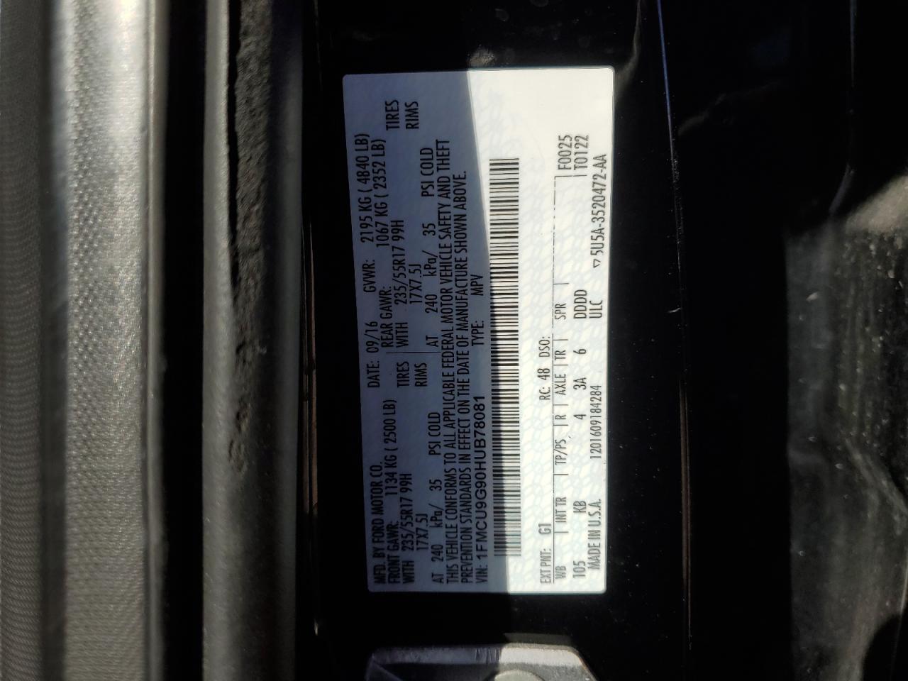2017 Ford Escape Se VIN: 1FMCU9G90HUB78081 Lot: 86597605