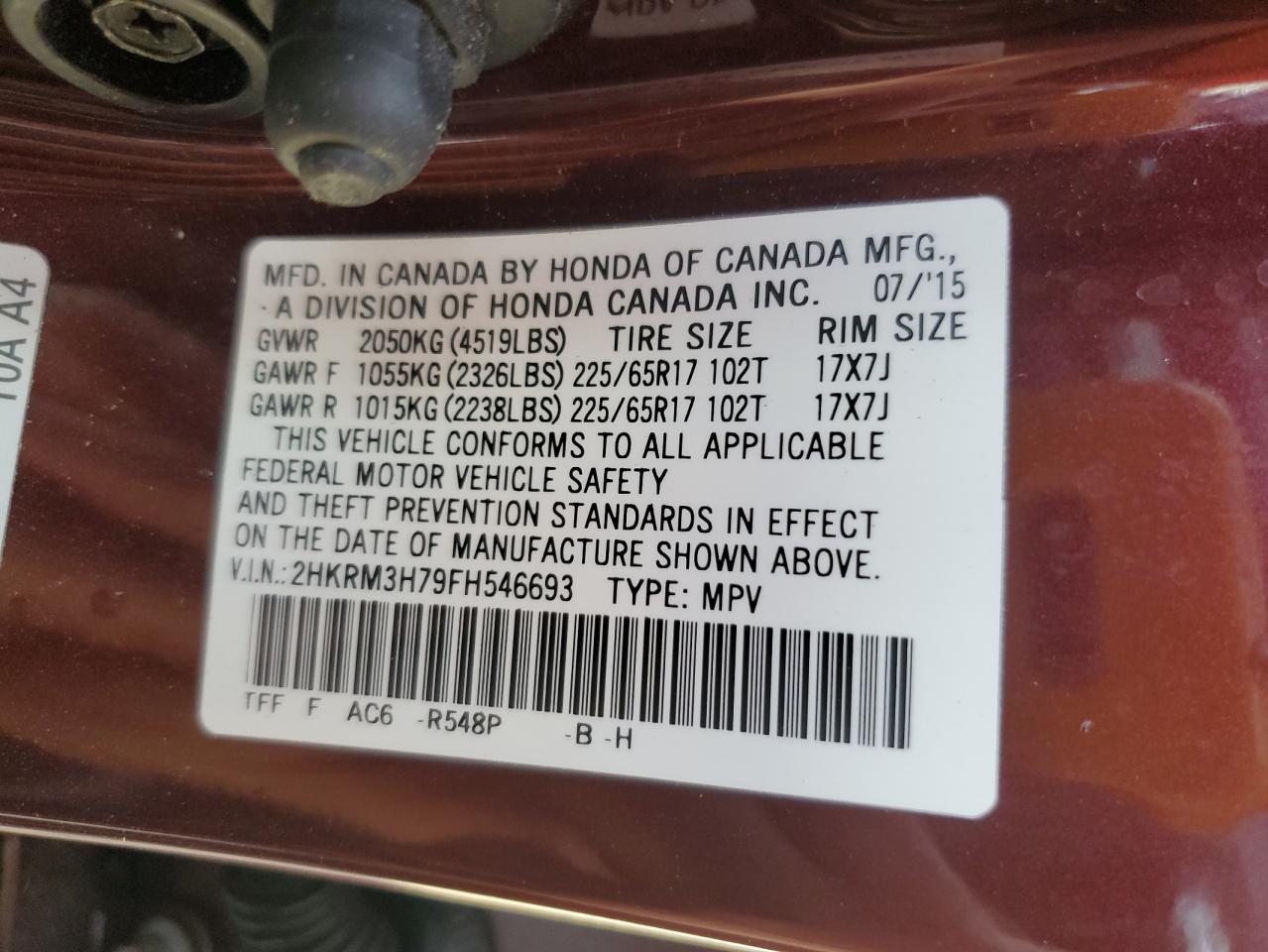 2015 Honda Cr-V Exl VIN: 2HKRM3H79FH546693 Lot: 82516675