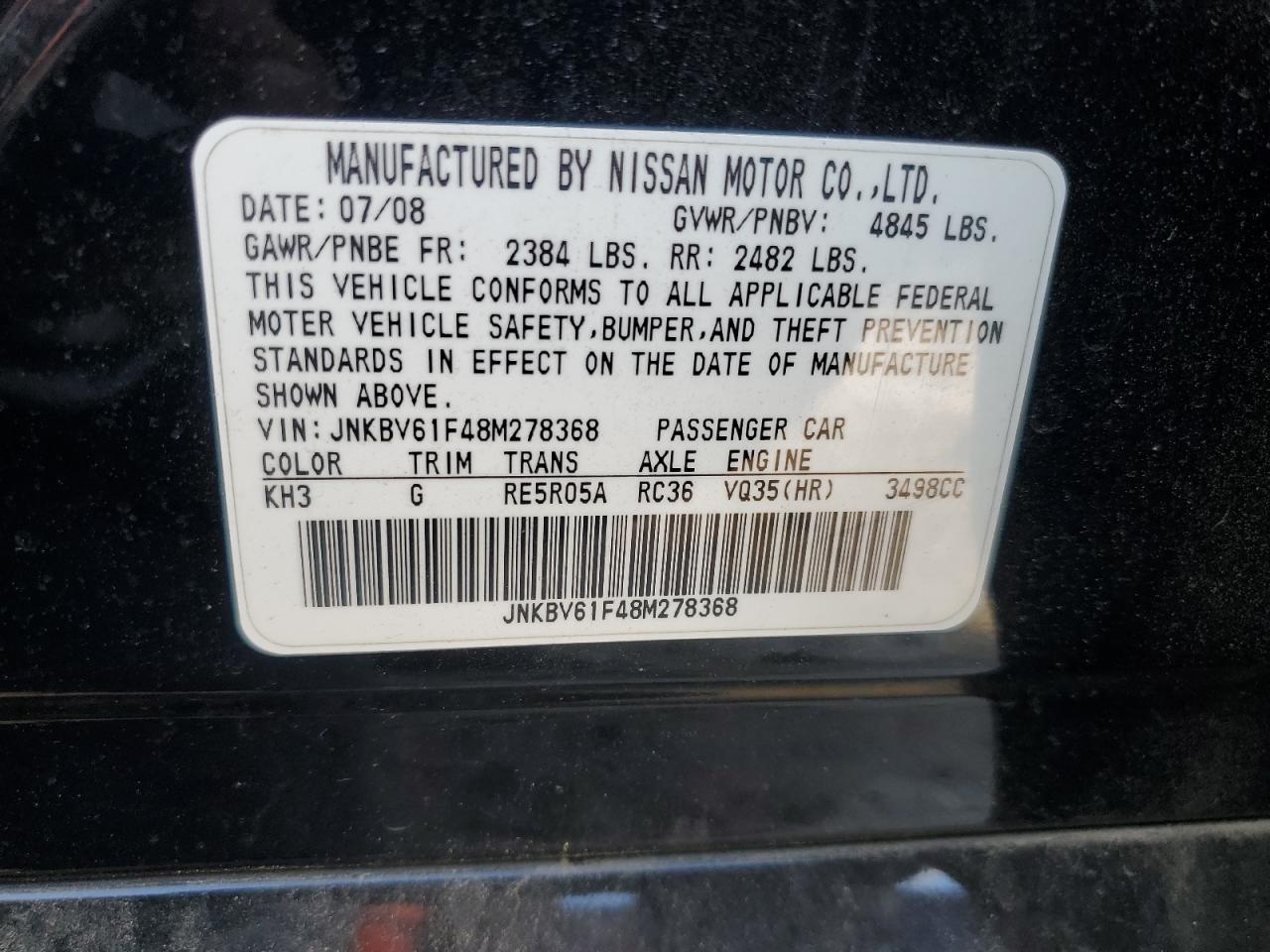 2008 Infiniti G35 VIN: JNKBV61F48M278368 Lot: 81445095