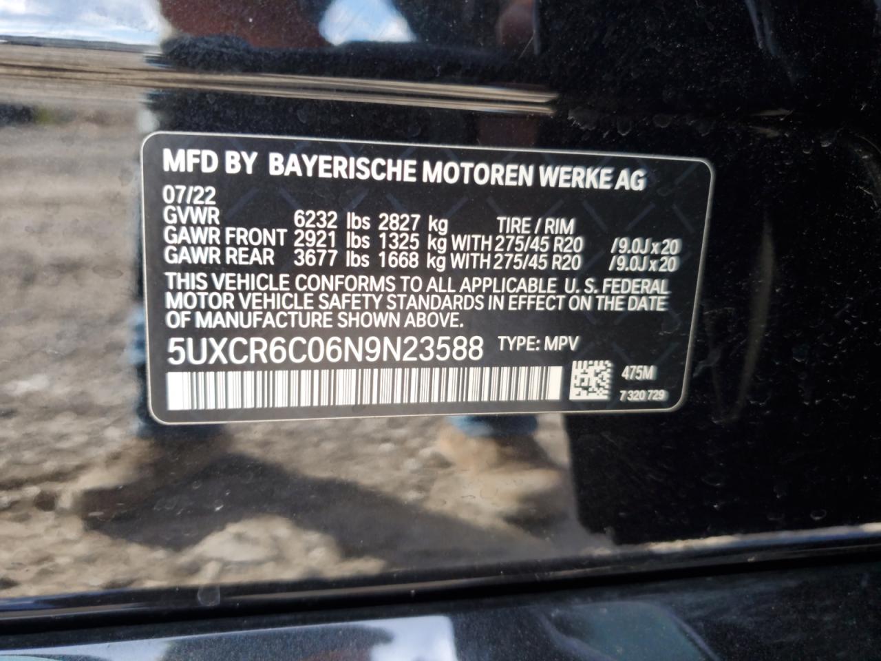 2022 BMW X5 xDrive40I VIN: 5UXCR6C06N9N23588 Lot: 85764145