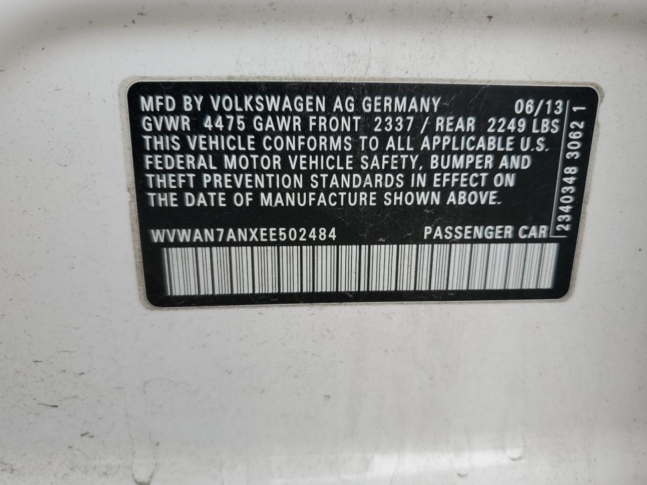 2014 Volkswagen Cc Sport VIN: WVWAN7ANXEE502484 Lot: 85637745