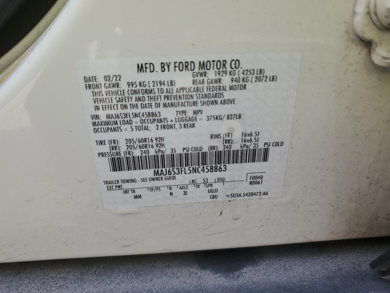 2022 Ford Ecosport S VIN: MAJ6S3FL5NC458863 Lot: 86241275